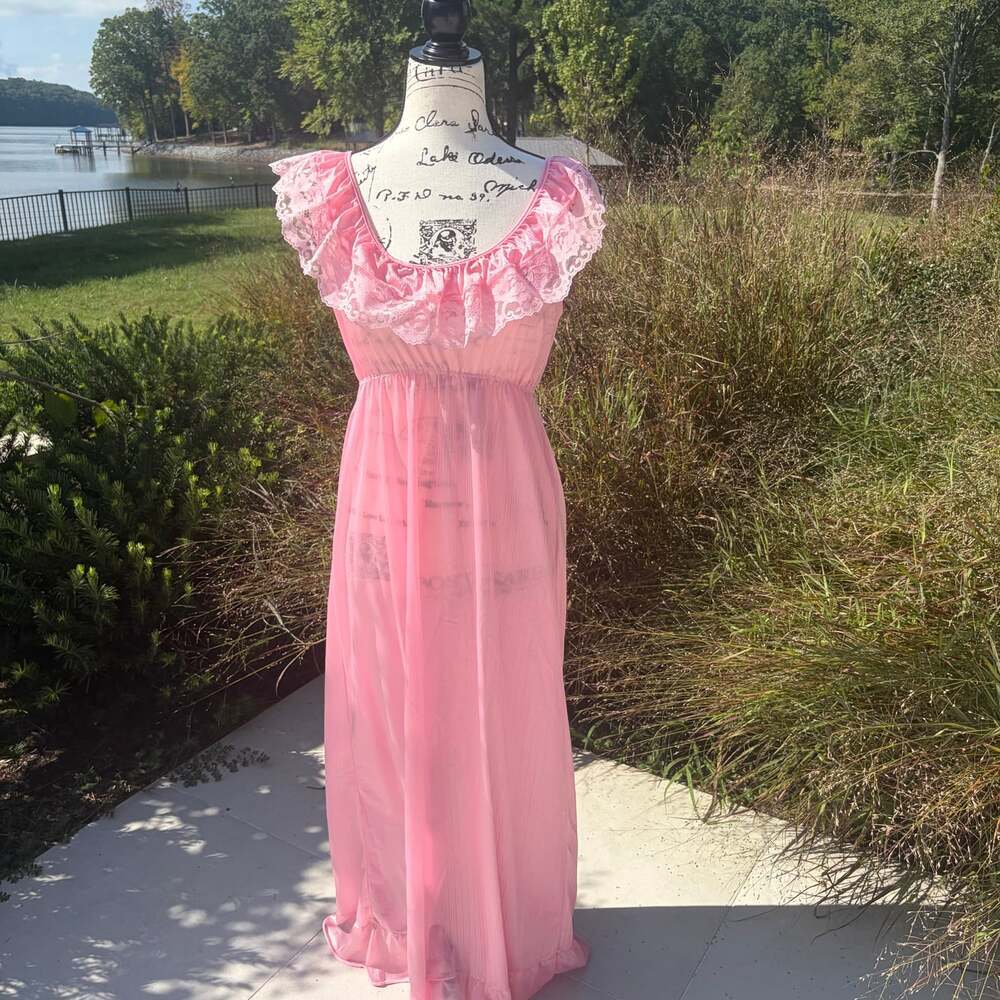 Vintage Sheer Pink Lace Ruffle Maxi Nightgown Dress Small Romantic Coquette